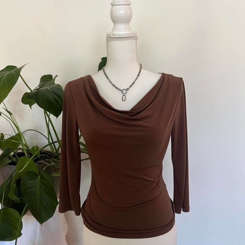 Y2K Top Coffee Colored cowl neck top Made in USA with 3/4 sleeves Size S